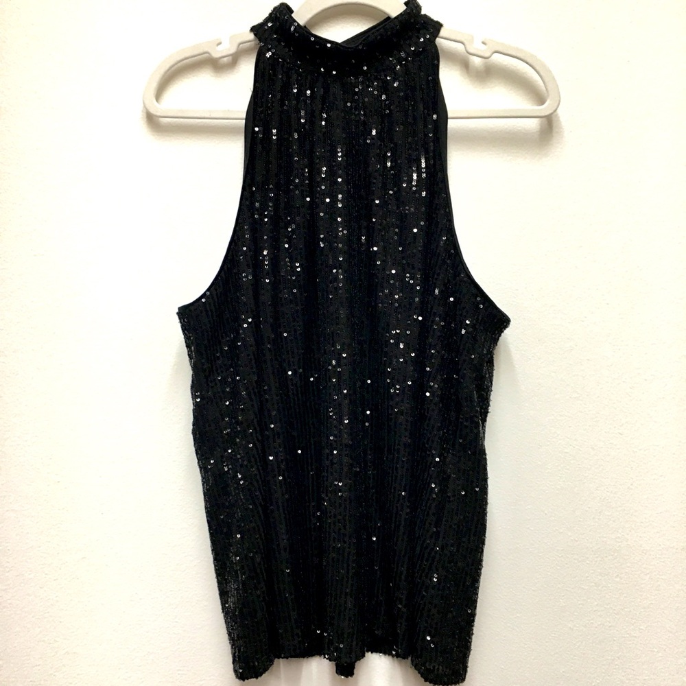 Halogen Sleeveless Mock Neck Sequins Blouse Large Black Stretchy Evening Party